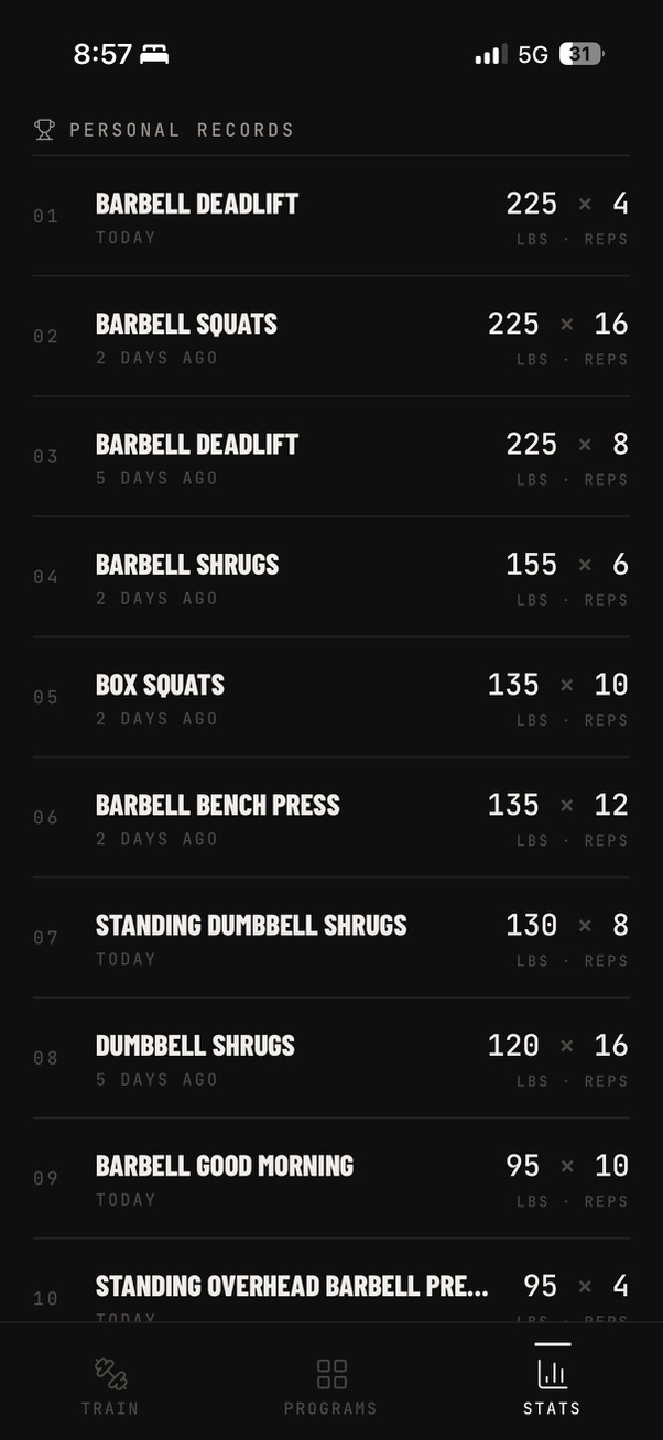 Misura personal records list showing deadlift, squats, bench press and shrug PRs