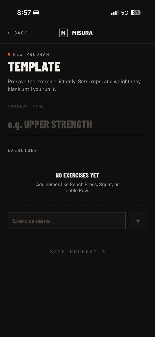 Misura program template builder showing exercise list setup